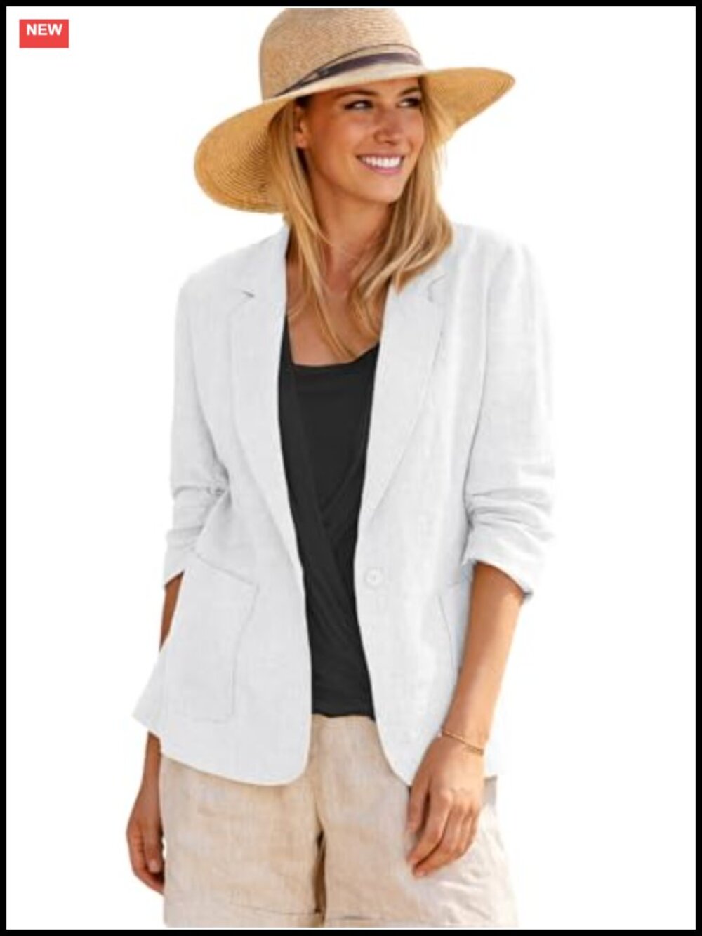 Womens Linen Blazer Lightweight 3/4 Ruched Sleeve Business Casual Work Jacket